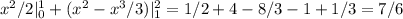 x^2/2|^1_0+(x^2-x^3/3)|^2_1=1/2+4-8/3-1+1/3=7/6