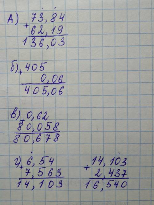 А) 73,84+62,19 в столбик б) 405+0.06 в)0,62+80,058 г) 6,54+7,563+2,437 номер 2 а)105,63-91,7 б)583,1