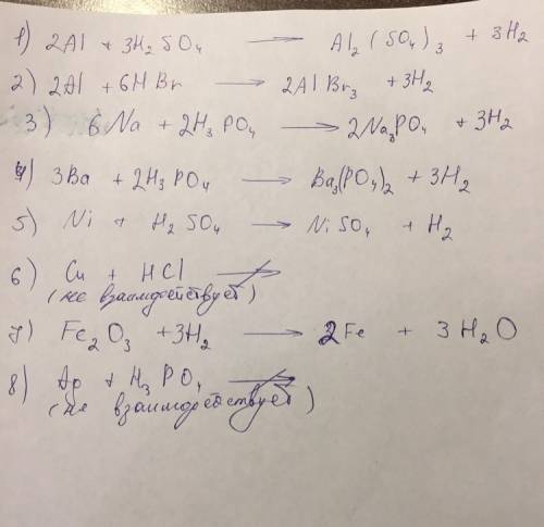 Al+h2so4-> al+hbr-> na+h3+po4-> ba+h3po4-> ni(||)+h2so4-> cu+hci-> fe2o3+h2-> a