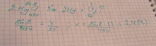 Из оксида ртути (ii) массой 86,8 г был получен кислород. вычислите массу этого кислорода