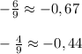 - \frac{6}{9} \approx -0,67 \\ \\ - \frac{4}{9} \approx -0,44