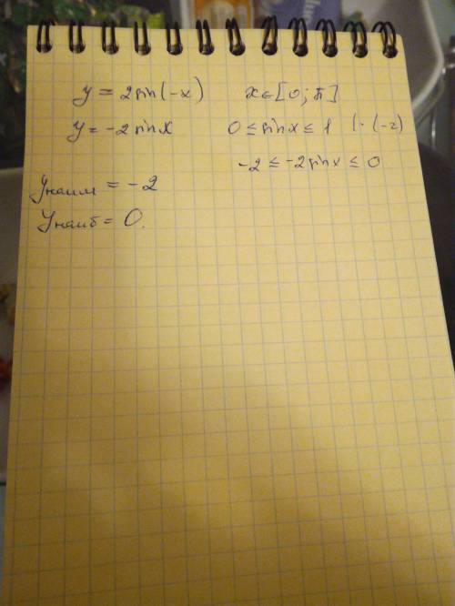 Найти наибольшее и наименьшее значение функции y=2sin-x , если [ 0 ; п ] . , надо.