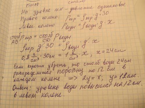 U-образная трубка частично заполнена водой. в правое колено наливают керосина столько, что он образу