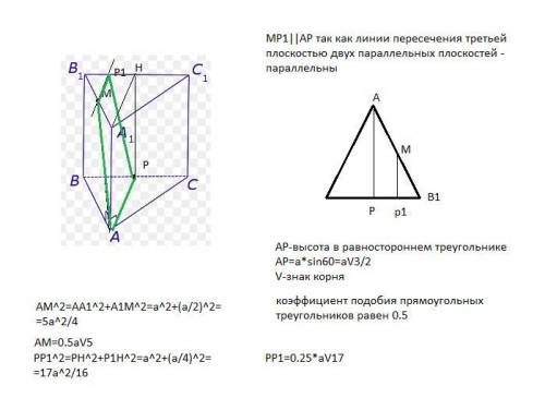 Abca1b1c1 - правильная треугольная призма , все ребра которой имеют длину a. точка m-середина a1b1 ;