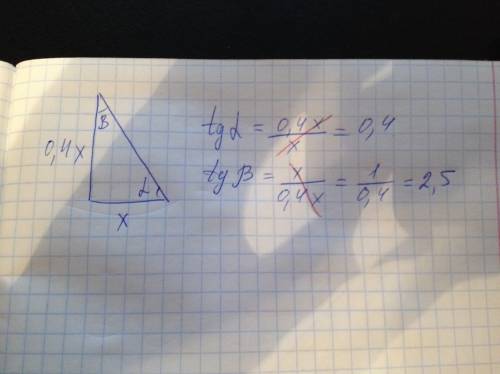 Один из катетов прямоугольного треугольника составляет 40 % от другого катета. найдите тангенс каждо