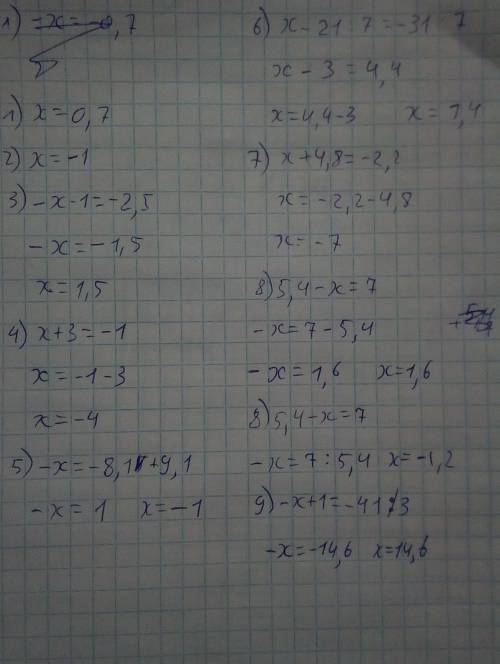 Решите уравнение: 1) -х = -0,7 2) -х = 1 3) -х - 1 = -2,5 4) х+3 = -1 5) -х = -8,1 + 9,1 6) х - 2 1/
