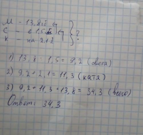 Маша за год обучения на социальные сети потратила 13,8 гб трафика , света - в 1,5 раза меньше , а ка