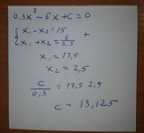 Если разность корней уравнения 0,3х^2-6х+с равна 15 то с равно