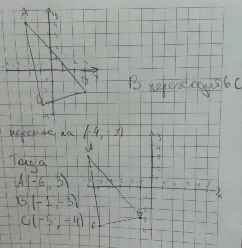 Вершины треугольника abc имеют координаты a(-2; 4), b(3; -2), c(-1; -3). осуществили параллельный пе