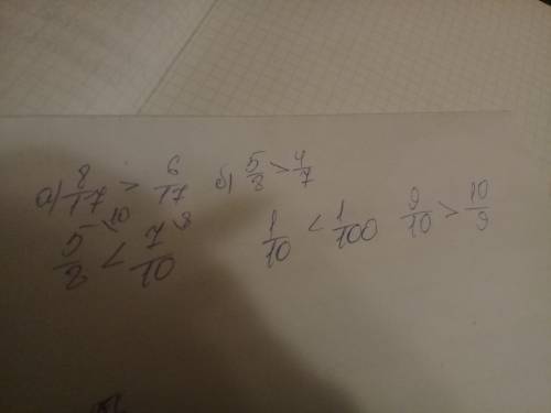 Сравните: a)8↓17 и 6↓17 б)5↓8 и 4↓7 в)5↓8 и 7↓10 г)1↓10 и 1↓100 д)9↓10 и 10↓9 это
