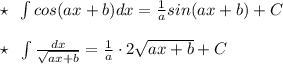 \star \; \; \int cos(ax+b)dx=\frac{1}{a}sin(ax+b)+C\\\\\star \; \; \int \frac{dx}{\sqrt{ax+b}}= \frac{1}{a}\cdot 2\sqrt{ax+b}+C
