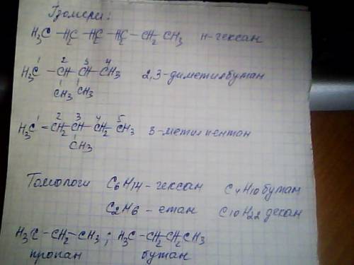 Скласти формули двох гомологив, та двох изомерив для гексан
