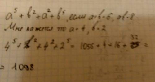 Найдите значение выражения a^5+b^2+a^2+b^5.при а+b=6.ab=8