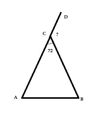Вравнобедренном треугольнике abc с основанием ab угол при вершине c равен 72. найти величину внешнег