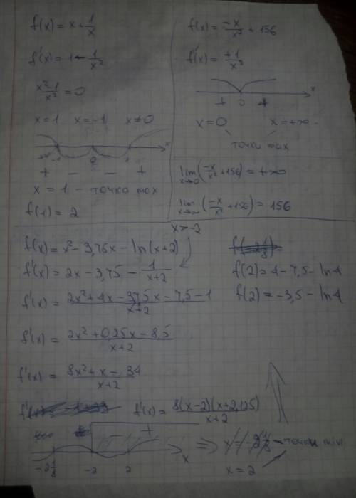 1)f(x)=x+1/x (max) 2)f(x)=-x/x^2+156 (max) 3)f(x)=x^2-3.75x-ln(x+2) (min) нужны