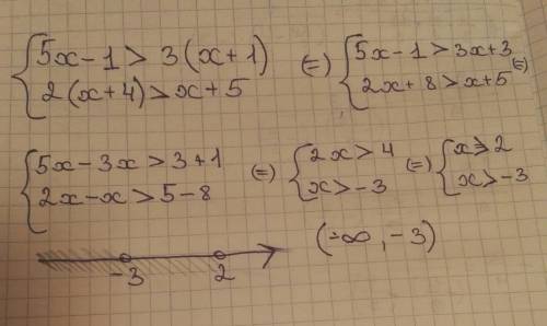 Решить систему неравенств { 5x - 1 > 3 (x+1) { 2 (x+4) > x + 5