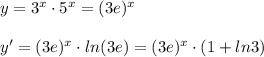 y=3^{x}\cdot 5^{x}=(3e)^{x}\\\\y'=(3e)^{x}\cdot ln(3e)=(3e)^{x}\cdot (1+ln3)