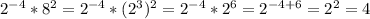 2^{-4} * 8^2 = 2^{-4} * (2^3)^2 = 2^{-4} * 2^6 = 2^{-4+6} = 2^2 = 4