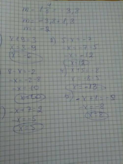 )ставлю 15 ! решите уравнения: а) х + 9 = 3; б) 5 – х = -7; в) 8 – х = -2; г) х - (-5) = -8; д) –х -