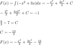 F(x)=\int (-x^2+3x)dx=- \frac{x^3}{3} + \frac{3x^2}{2} +C \\\\ -\frac{2^3}{3} + \frac{3*2^2}{2} +C=-1 \\\\ \frac{8}{3}-7=C \\\\ C=- \frac{13}{3} \\\\ F(x)=- \frac{x^3}{3} + \frac{3x^2}{2} - \frac{13}{3}