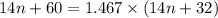 14n + 60 = 1.467 \times (14n + 32)