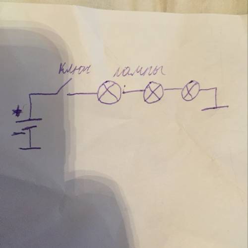 Нарисовать электросхему в которой имеются источник тока три последовательно соединенные лампы и выкл