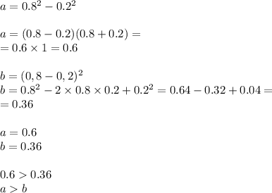 a=0.8^2 - 0.2^ 2\\ \\ a = (0.8 - 0.2)(0.8 + 0.2) = \\ = 0.6 \times 1 = 0.6 \\ \\ b= (0,8 - 0,2)^2 \\ b = {0.8}^{2} - 2 \times 0.8 \times 0.2 + {0.2}^{2} = 0.64 - 0.32 + 0.04 = \\ = 0.36 \\ \\ a = 0.6 \\ b =0 .36 \\ \\ 0.6 0.36 \\ a b