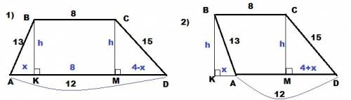 Решите . дана трапеция abcd с основаниями ad 12 и bc 8. боковые стороны трапеции равны 13 и 15. найд