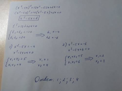 Решите уравнение (x²-5x)²+10x²-50x+24=0