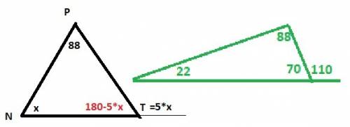 Втреугольнике npt угол p равен 88 градусов,а угол n в 5 раз меньше внешнего угла при вершине t. найд