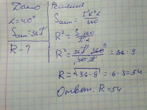 Найдите радиус сектора если известно что его угол равен 40 градусов а площадь сектора 36 пи