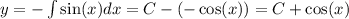 y = -\int \sin(x) dx = C - (-\cos(x)) = C + \cos(x)