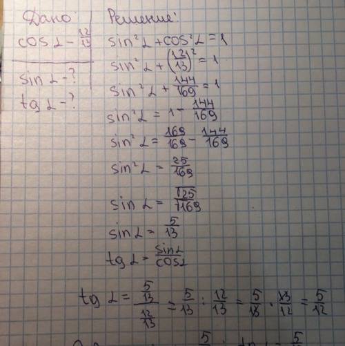 Найдите sin альфа,tg альфа если cos альфа= 12/13