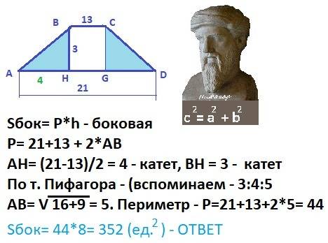 Основанием прямой призмы является равнобедренная трапеция с основаниями 21см и 13 см и высотой 3 см.