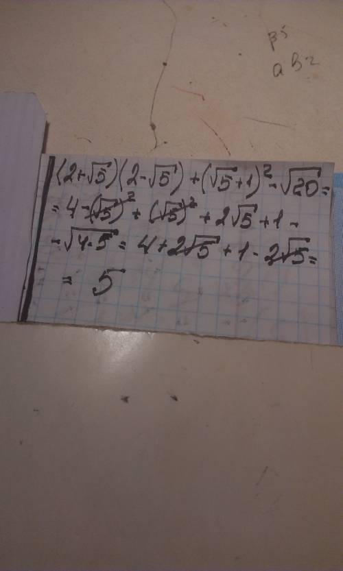 Выражение (2+√5)(2-√5)+(√5+1)²-√20 заранее )) подробно ))