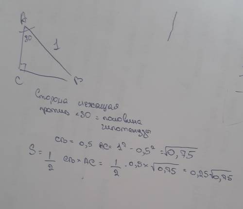 Впрямоугольном треугольнике авс угол с=90 градусов, ав=1 м, угол а=30 градусов. найдите площадь s тр