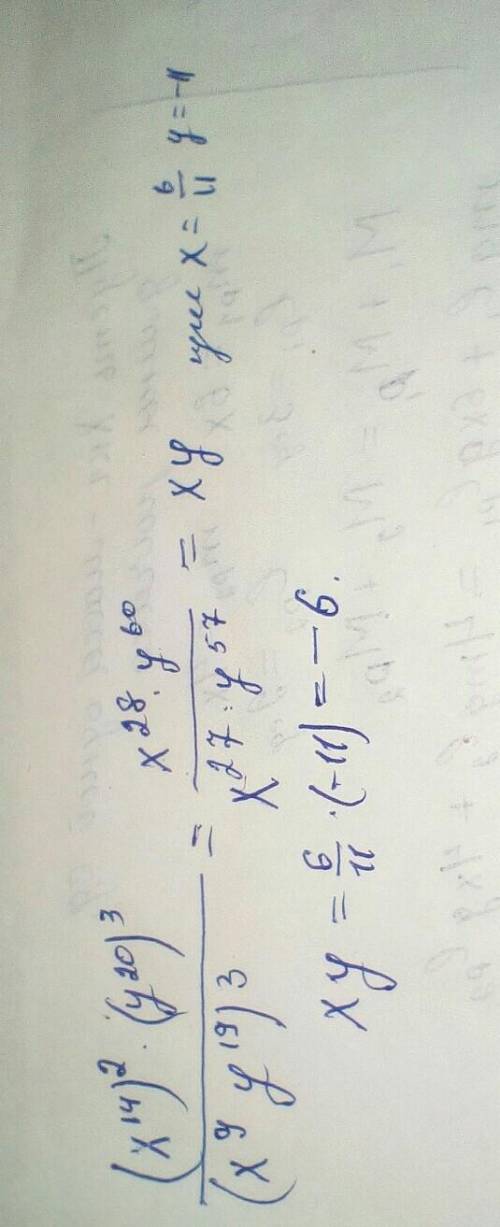 (x^14)^2×(y^20)^3÷(x^9y^19)^3 при x=6/11и y = -11 ​