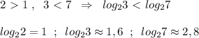 2\ \textgreater \ 1\; ,\; \; 3\ \textless \ 7\; \; \Rightarrow \; \; log_23\ \textless \ log_27\\\\log_22=1\; \; ;\; \; log_23\approx 1,6\; \; ;\; \; log_27\approx 2,8