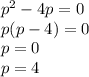 {p}^{2} - 4p = 0 \\ p(p - 4) = 0 \\ p = 0 \\ p = 4