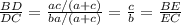 \frac{BD}{DC}=\frac{ac/(a+c)}{ba/(a+c)}=\frac{c}{b}=\frac{BE}{EC}