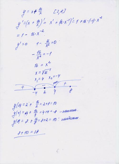 Найдите сумму наибольшего и наименьшего значений функции у=х+16/х на промежутке [2; 8]