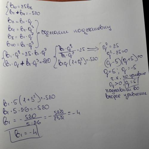 Знайдіть перший член і знаменник ї прогресії (bn), якщо b10 = 25b8, b2 + b4 = -520 (q > 0).