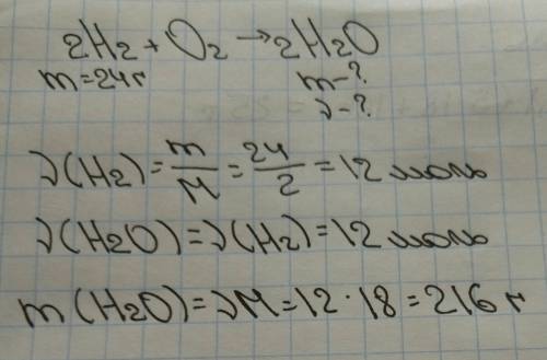 Рассчитайте массу и количество воды, которая образовалась при сгорании 24 г водорода