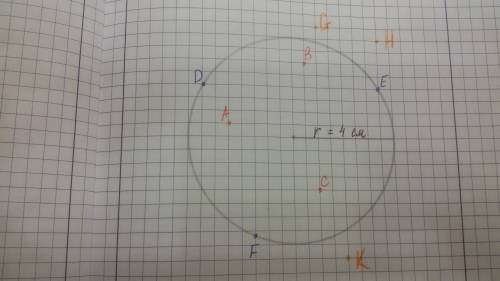 Начертите окружность радиусом 4 см . отметьте несколько точек внутри окружности, на ней и вне окружн