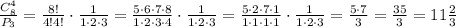 \frac{C_8^4}{P_3}=\frac{8!}{4!4!}\cdot\frac1{1\cdot2\cdot3}=\frac{5\cdot6\cdot7\cdot8}{1\cdot2\cdot3\cdot4}\cdot\frac1{1\cdot2\cdot3}=\frac{5\cdot2\cdot7\cdot1}{1\cdot1\cdot1\cdot1}\cdot\frac1{1\cdot2\cdot3}=\frac{5\cdot7}{3}=\frac{35}3=11\frac23