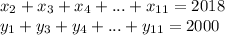 x_2+x_3+x_4+...+x_{11}=2018 \\\
 y_1+y_3+y_4+...+y_{11}=2000