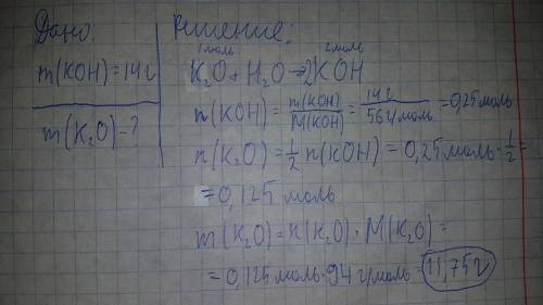 Определите массу оксида калия вступившего в реакцию с водой если в результате реакции образовалось 1