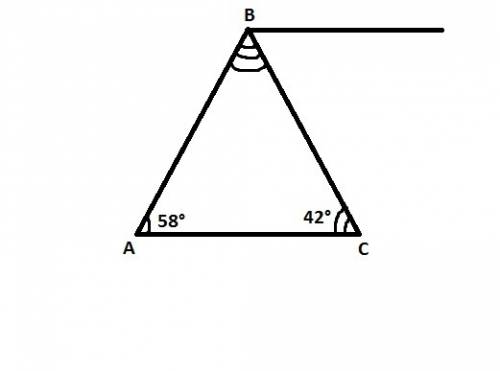 Втреугольнике abc внутренний угол при вершине a равен 58,а внутренний при вершине c равен 42.найдите