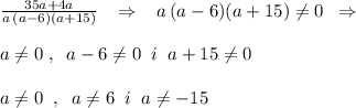 \frac{35a+4a}{a\, (a-6)(a+15)}\; \; \; \Rightarrow \; \; \; a\, (a-6)(a+15)\ne 0\; \; \Rightarrow \\\\a\ne 0\; ,\; \; a-6\ne 0\; \; i\; \; a+15\ne 0\\\\a\ne 0\; \; ,\; \; a\ne 6\; \; i\; \; a\ne -15