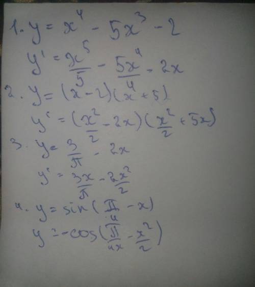 Найти производную функции y=x^4-5x^3-2; y= (x-2)(x+5); y=3\п - 2x y=sin(п\4-x) 2. дано функцию f9x)